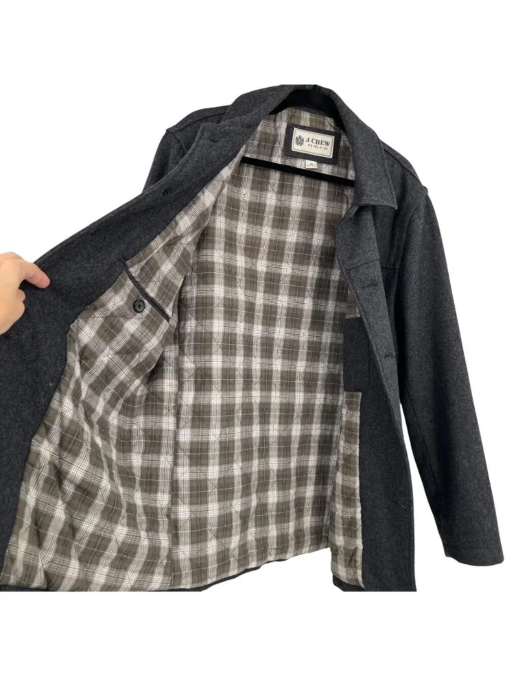 J. Crew Mens Gray Wool-Blend Button-Up Jacket Car Coat Plaid Lining Size Medium